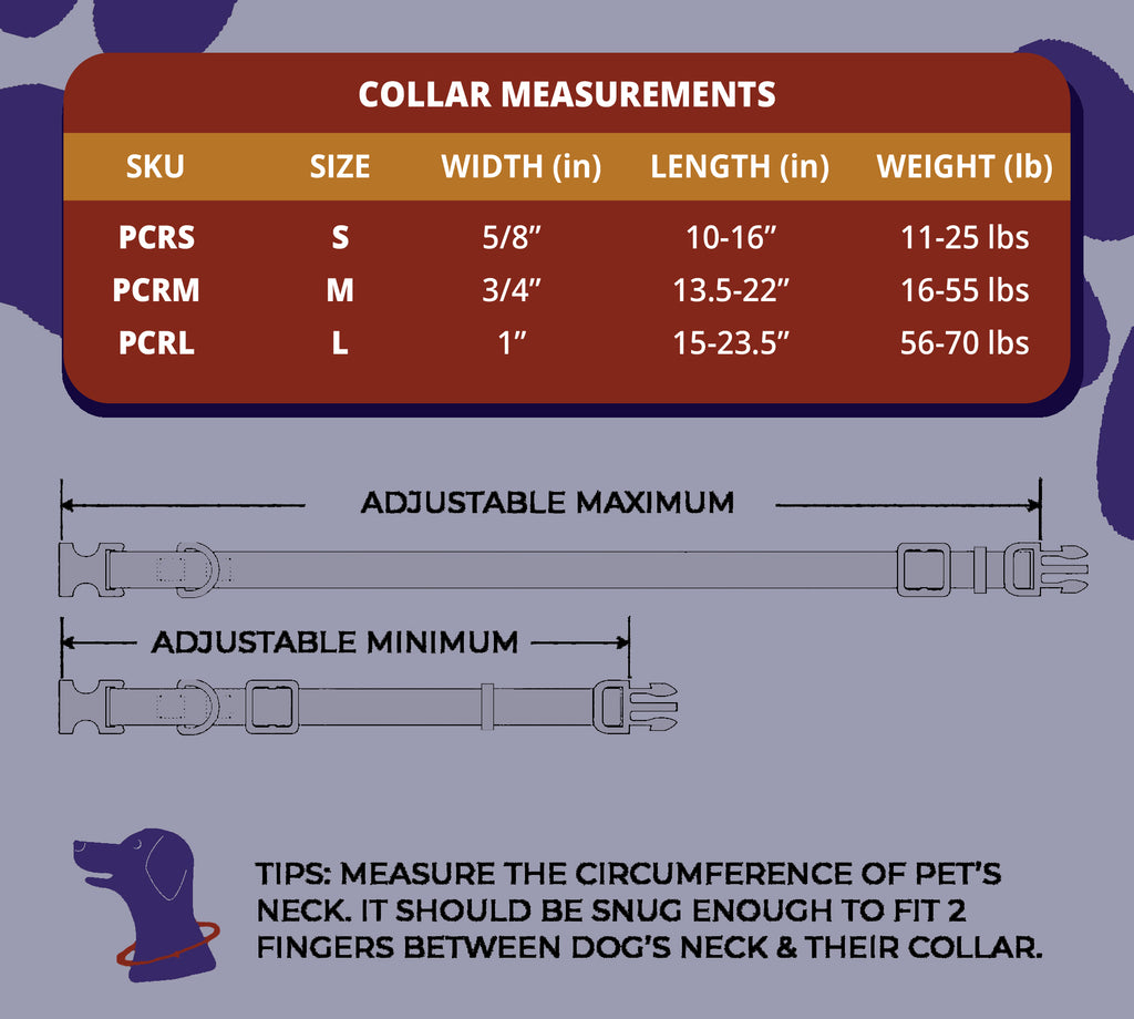 reflective rosalicious, perri's pet products, dog collar, size chart