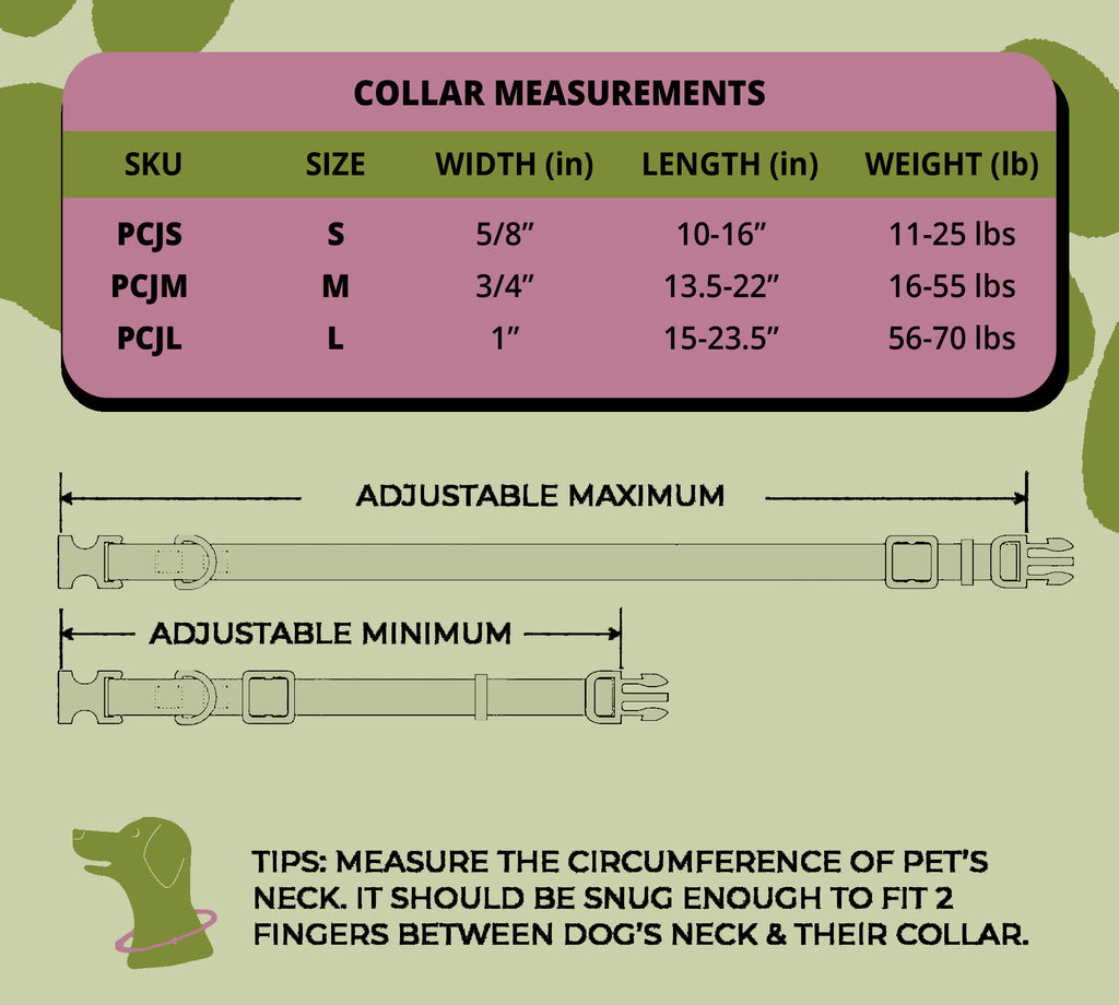 Perri's Pet Products, dog collar, metallic pink roses jacquard, size chart