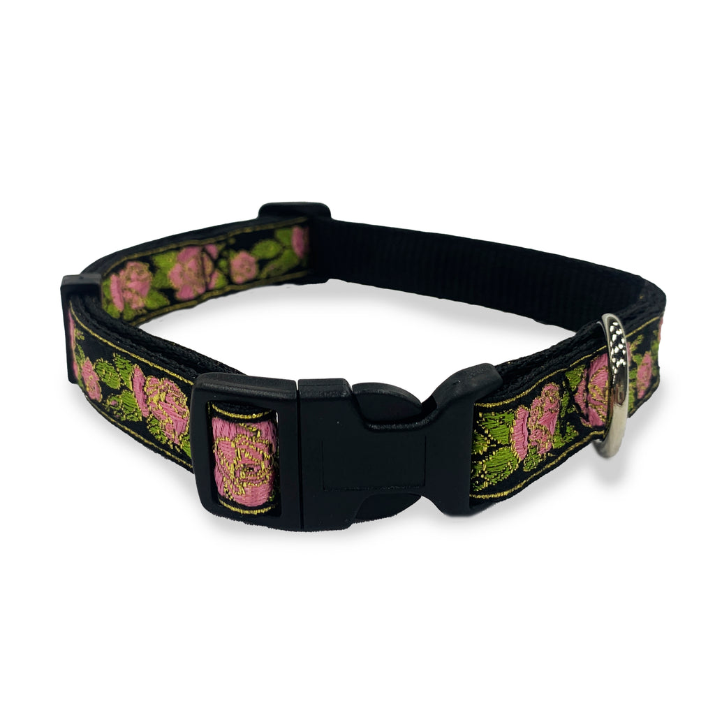 Perri's Pet Products, metallic pink roses jacquard, dog collar