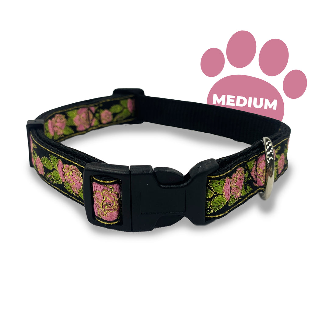 Perri's Pet Products, metallic pink roses jacquard, dog collar