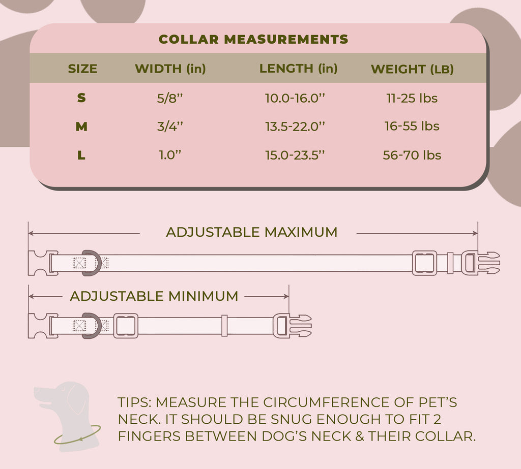 perri's pet products, dog collar, pink rose, size chart