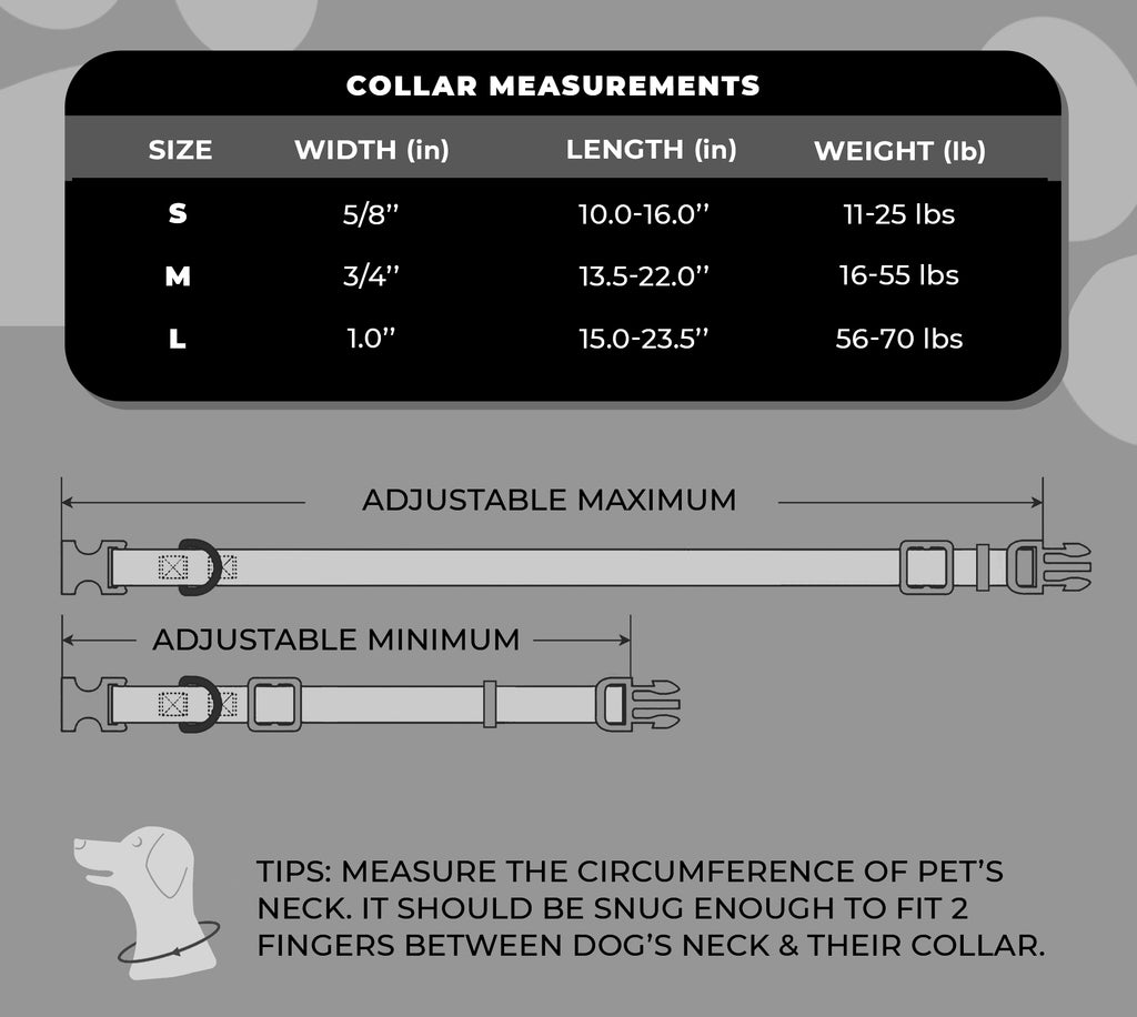 perri's pet products, dog collar, ACDC logo, size chart