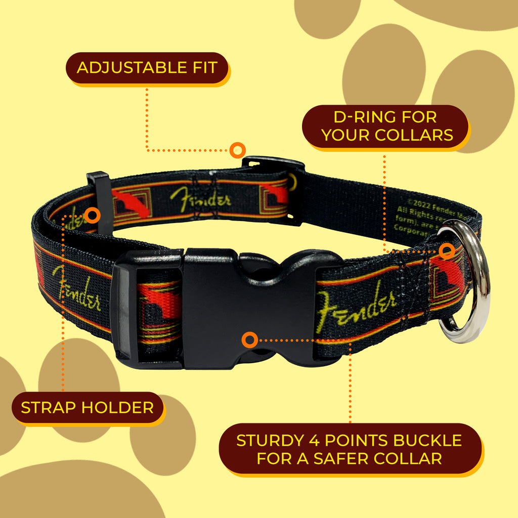 perri's pet products, dog collar, black, yellow and red Fender monogram