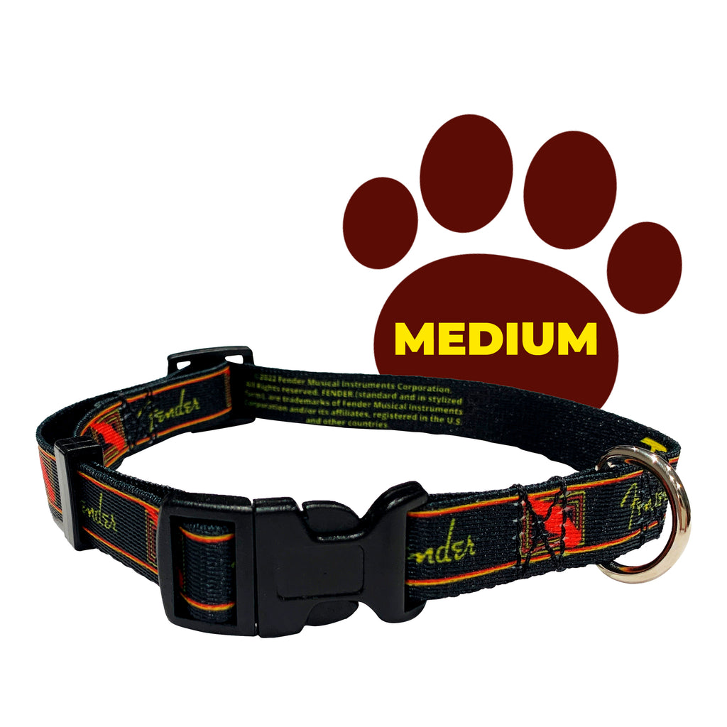 perri's pet products, dog collar, black, yellow and red Fender monogram